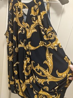 Navy Blue & Gold Baroque Print Sleeveless Top
